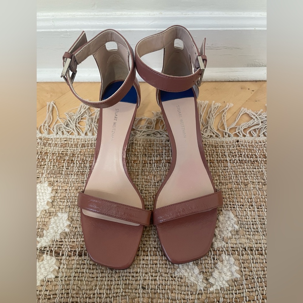 Stuart Weitzman 45S Square Nudist Brown Tan Patent Leather Heels Sandals Size 8